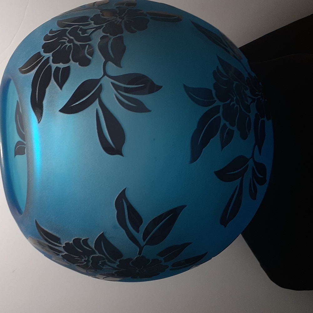 Vtg Black on frost blue acid etched cameo hand blown art glass bowl/vase - Picture 2 of 6